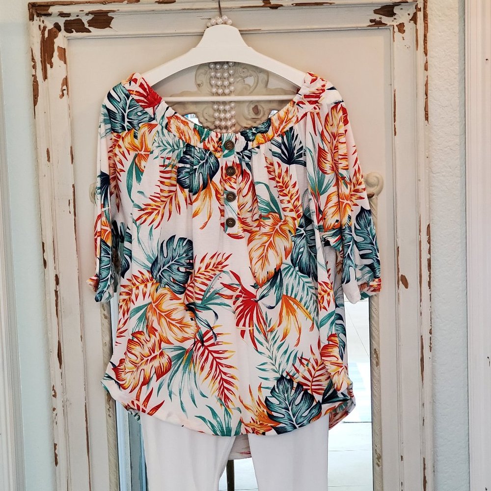 French Laundry Women's Pull Over Tropical Print Top with Wooden Buttons